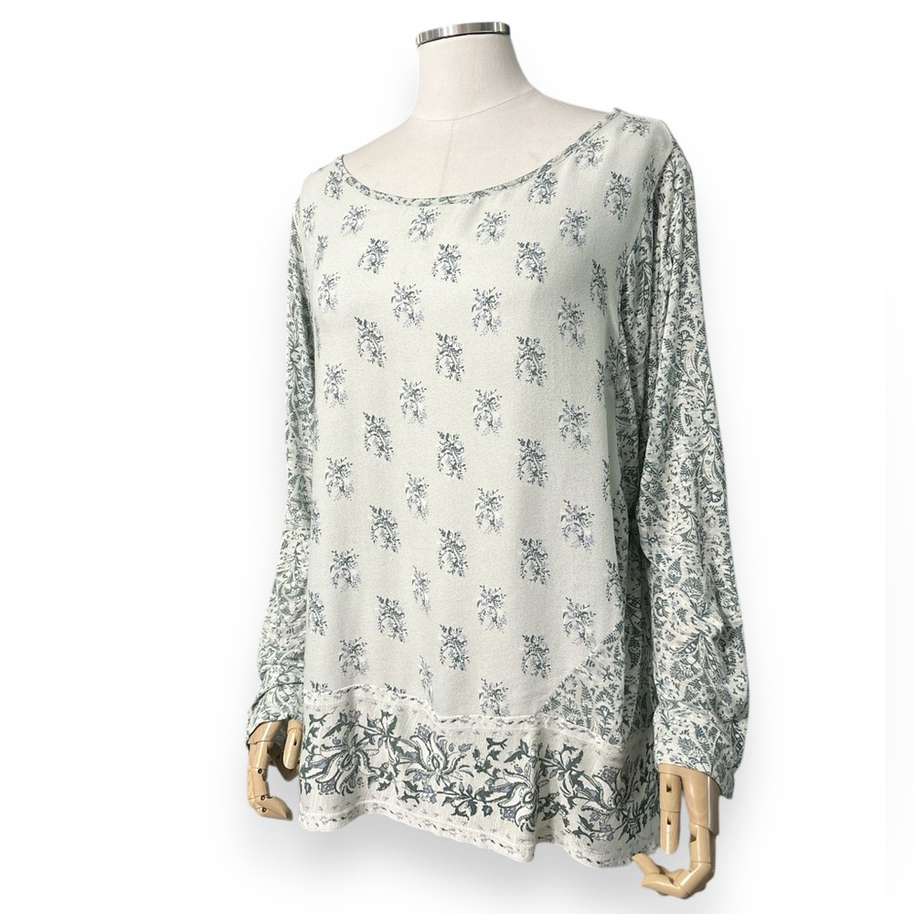 LUCKY BRAND Light Green Light Blue Floral Dolman Sleeve Boho Top Sz XL